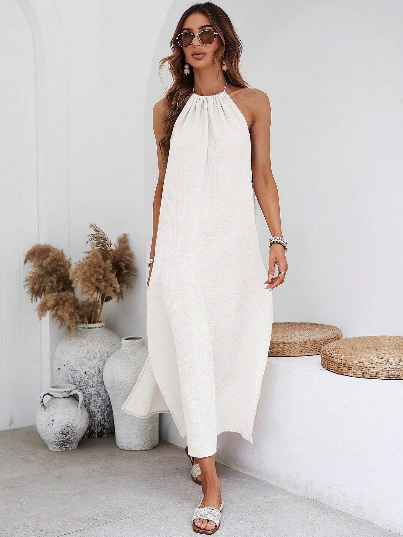X Tarsha Whitmore VCAY Solid Split Thigh Halter Backless Dress