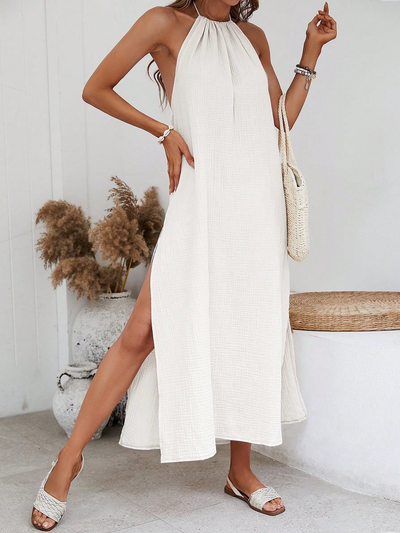 X Tarsha Whitmore VCAY Solid Split Thigh Halter Backless Dress